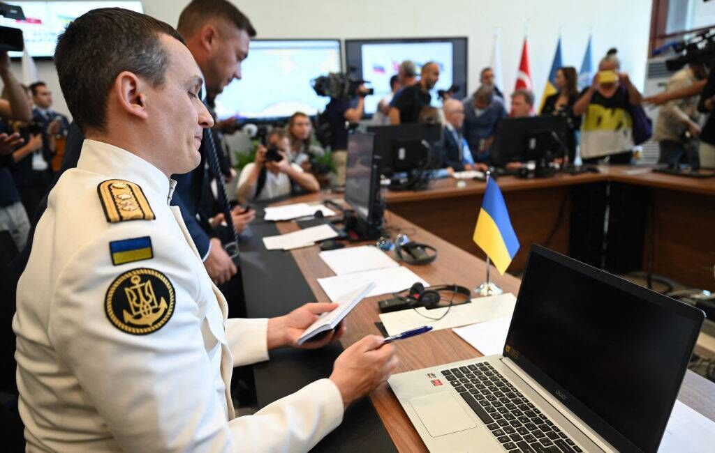 A Ukrainian official at the opening of the Joint Coordination Centre (JCC) for Ukrainian grain exports in Istanbul on Wednesday. Turkey formally opened a joint coordination centre for Ukrainian grain exports under a UN-backed deal aimed at resuming shipments for the first time since Russia's February invasion of its neighbour. Photo: Ozan Kose/AFP via Getty A Ukrainian official at the opening of the Joint Coordination Centre (JCC) for Ukrainian grain exports in Istanbul on Wednesday. Turkey formally opened a joint coordination centre for Ukrainian grain exports under a UN-backed deal aimed at resuming shipments for the first time since Russia's February invasion of its neighbour. Photo: Ozan Kose/AFP via Getty