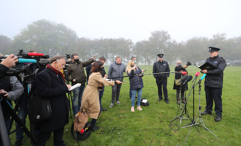 Garda inspector John Fitzgrald holds a media briefing at a search a wooded area of Brewel East, on the Kildare/Wicklow border in 2021 for the remains of Deirdre Jacob.