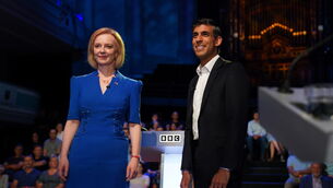 <p>UK Conservative party leadership candidates Liz Truss and Rishi Sunak ahead of a recent TV debate.</p>