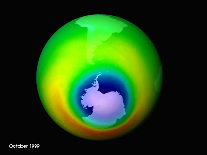 This graphic shows the data from the Total Ozone Mapping Spectrometer Earth Probe, for the month of October 1999, which showed the hole in the ozone layer opening up. Areas of depleted ozone over the Antarctic are shown in blue. Picture: Nasa/AP This graphic shows the data from the Total Ozone Mapping Spectrometer Earth Probe, for the month of October 1999, which showed the hole in the ozone layer opening up. Areas of depleted ozone over the Antarctic are shown in blue. Picture: Nasa/AP