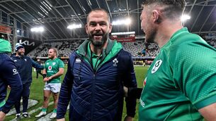 <p> Ireland head coach Andy Farrell celebrates at the end of the first win over New Zealand.</p>
