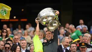 <p>KEY MAN: Kerry performance coach Tony Griffin lifts the Sam Maguire Cup following last Sunday's win over Galway at Croke Park. Photo: Stephen McCarthy/Sportsfile</p>