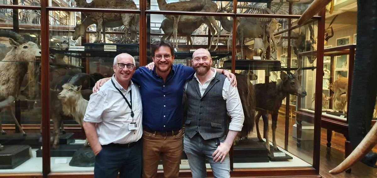 Natural History Museum staff Nigel Monaghan, Dr Ben Garrod, and Paolo Viscardi.