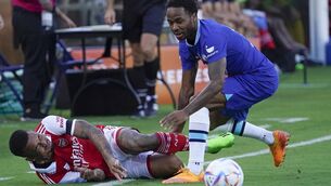 <p>NEW ARRIVALS: Arsenal's Gabriel Jesus, left, falls while going for the ball against Chelsea's Raheem Sterling during the first half of a pre-season friendly. Both are key signings for their new clubs. Pic: AP Photo/John Raoux</p>