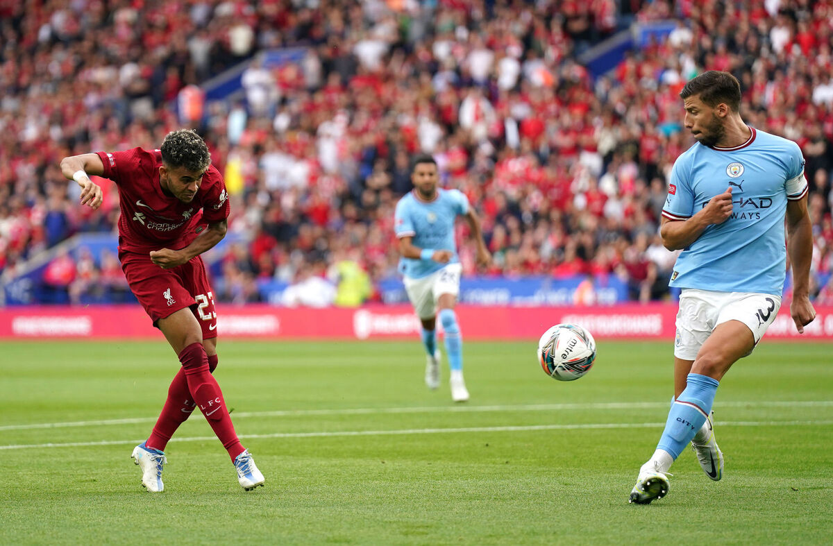 GOOD FORM: Liverpool's Luis Diaz (left) attempts a shot on goal during the FA Community Shield match at the King Power Stadium, Leicester. Pic: Joe Giddens/PA Wire. GOOD FORM: Liverpool's Luis Diaz (left) attempts a shot on goal during the FA Community Shield match at the King Power Stadium, Leicester. Pic: Joe Giddens/PA Wire.