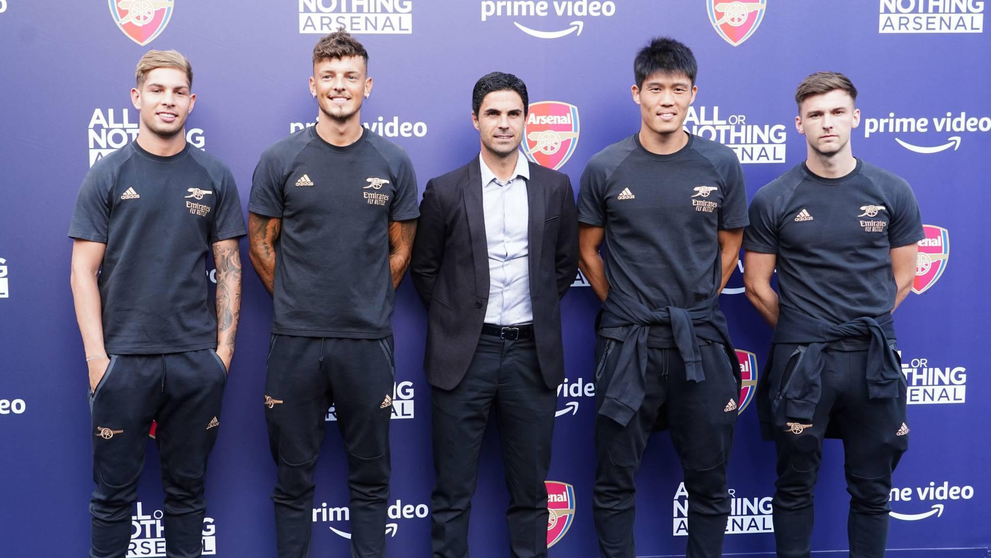 ALL OR NOTHING: Emile Smith Rowe, Ben White, Mikel Arteta, Takehiro Tomiyasu and Kieran Tierney arrive for the ‘All or Nothing Arsenal’ Premiere at Islington Assembly Hall last night. Pic: Ian West/PA