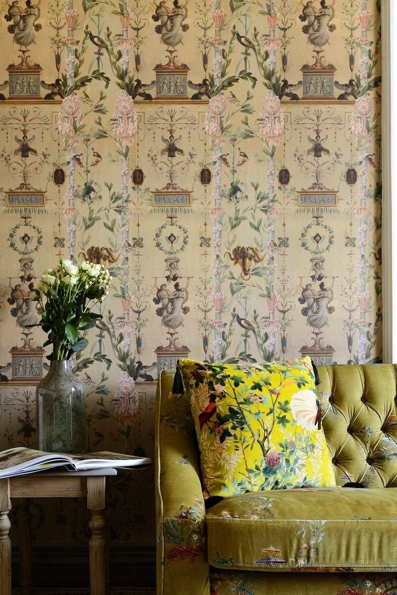 A print room style with indicated decoupage as it was used in the 18th century from dedicated books of prints. Dancing Graces wallpaper, €195 per roll, mindthegap.com.