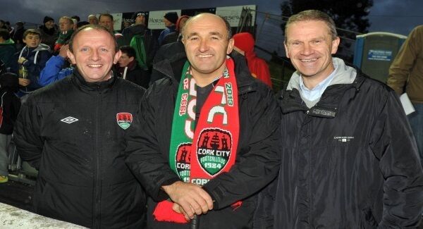 Former Cork City players Paul Bowdren, Philip Long and Declan Daly watch the club take on Dundalk at Oriel Park. Picture: Eddie O’Hare