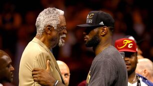 <p>MVP: Bill Russell with LeBron James after James was named NBA Finals Most Valuable Player in 2016  (Photo by Ezra Shaw/Getty Images)</p>