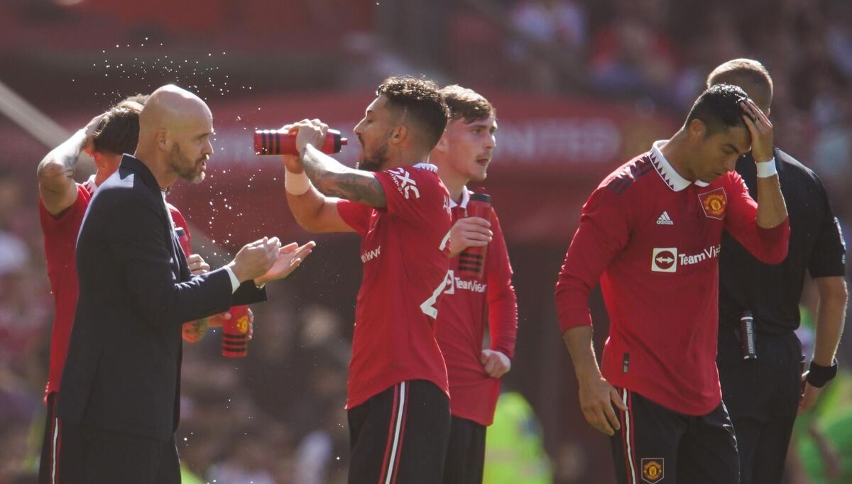 Managing expectations — and him: Manchester United’s manager Erik ten Hag speaks to players during a pre-season friendly match at Old Trafford, Manchester. Pic: Dave Thompson/PA Wire.