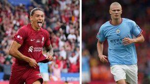 <p>New men up top: With the title all but certain to be going to either Anfield or the Etihad, Darwin Nunez and Erling Haaland are likely to have a major say. Pic: PA Wire/Examiner graphic</p>