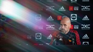 <p>Seeing the light...or headed for darkness?: Manager Erik ten Hag of Manchester United speaks during a press conference at Carrington Training Ground on Friday. Pic: Ash Donelon/Manchester United via Getty Images</p>