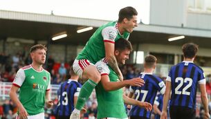 <p>HEAD AND SHOULDERS ABOVE THEM: Joshua Honohan of Cork City celebrates after scoring his side's fourth goal during the SSE Airtricity League First Division match between Cork City and Athlone Town at Turners Cross in Cork. Pic: Michael P Ryan/Sportsfile</p>
