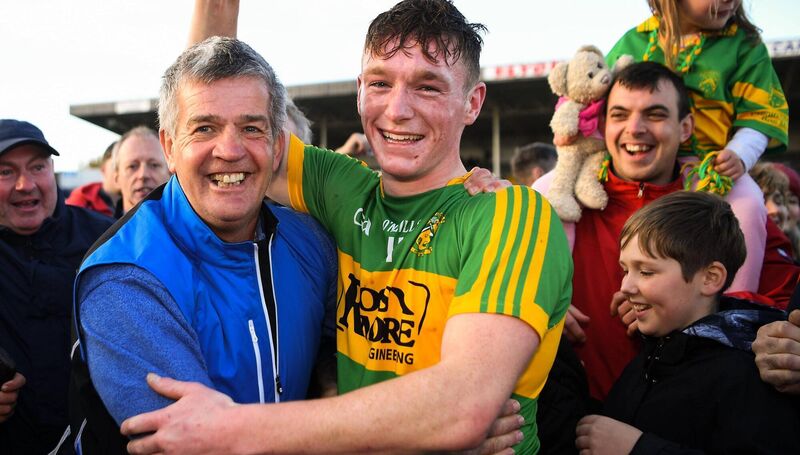 Former Tipperary hurling star and former monaghan hurling manager Joe Hayes celebrates with Dillon Quirke of Clonoulty / Rossmore after the Tipperary Water County Senior Hurling Championship final between Clonoulty / Rossmore and Nenagh Éire Óg at Semple Stadium, in Thurles, Tipperary. Picture: Ray McManus/Sportsfile