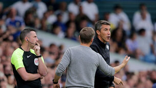 <p>SPAT: Leeds United manager Jesse Marsch (centre) speaks with Wolverhampton Wanderers manager Bruno Lage on the touchline during the Premier League match at Elland Road, Leeds. Pic: Ian Hodgson/PA Wire.</p>