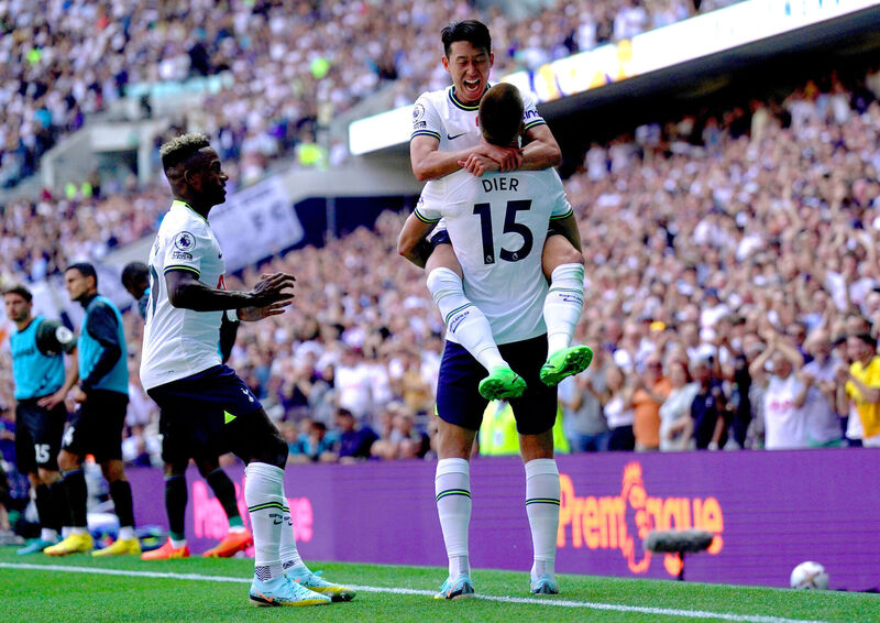 Tottenham Hotspur's Eric Dier celebrates with team-mate Son Heung-min after scoring their side's second goal of the game during the Premier League match at Tottenham Hotspur Stadium, London. Picture Kirsty O'Connor/PA Wire. Tottenham Hotspur's Eric Dier celebrates with team-mate Son Heung-min after scoring their side's second goal of the game during the Premier League match at Tottenham Hotspur Stadium, London. Picture Kirsty O'Connor/PA Wire.