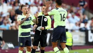 <p>Manchester City's Kalvin Phillips (left) comes on as a substitute for Rodri (right) during the Premier League match at the London Stadium. Picture date: Sunday August 7, 2022. PA Photo. See PA story SOCCER West Ham. Photo  Kieran Cleeves/PA Wire. </p>