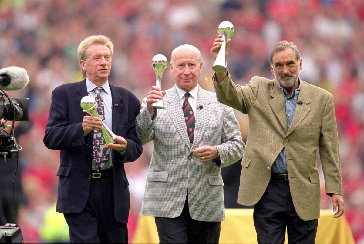 ACHIEVEMENT: Manchester United legends (L to R) Denis Law, Bobby Charlton and George Best receive lifetime achievement awards as part of the National Footbal Awards in 2000. Pic: Gary M Prior/Allsport