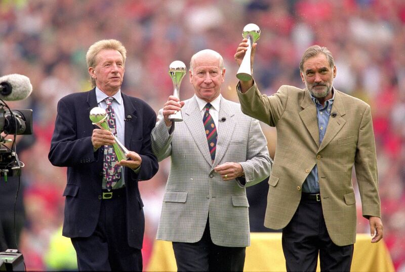 ACHIEVEMENT: Manchester United legends (L to R) Denis Law, Bobby Charlton and George Best receive lifetime achievement awards as part of the National Footbal Awards in 2000. Pic: Gary M Prior/Allsport