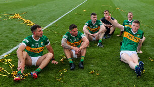 <p>TAKING IT ALL IN: Kerry's Gavin Crowley, Micheal Burns, Tom O’Sullivan, Gavin Crowley and Jason Foley celebrate. ©INPHO/Ryan Byrne</p>