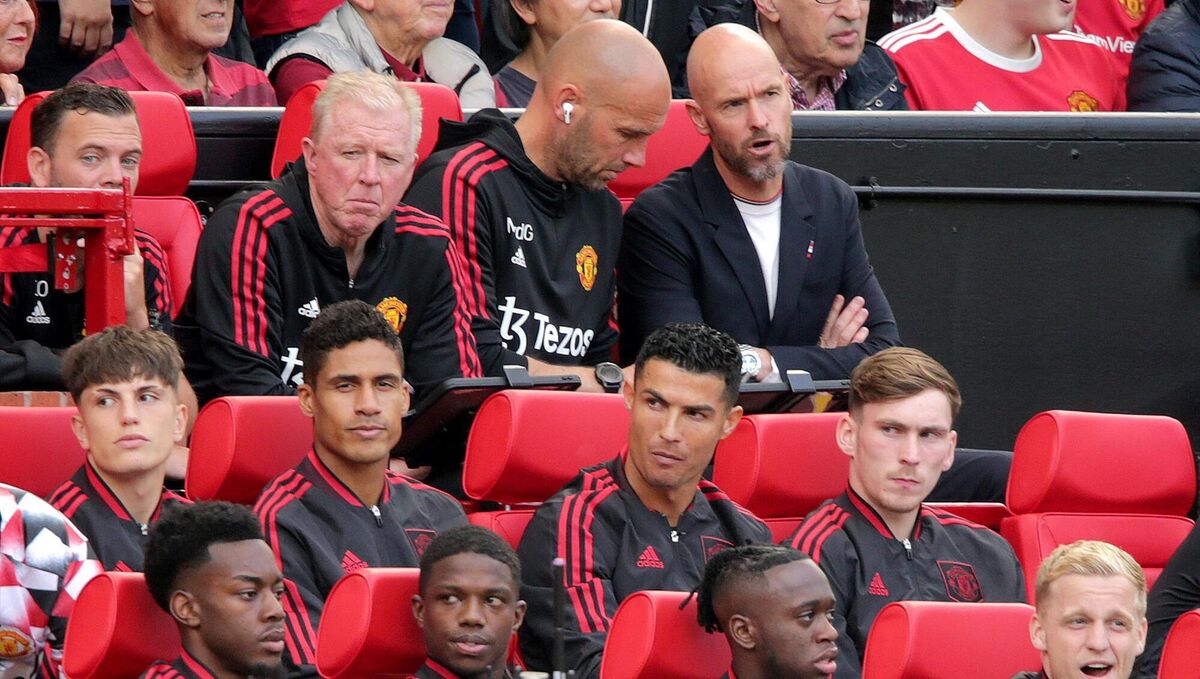 BENCH PRESS: Man Utd manager Erik ten Hag sits behind Cristiano Ronaldo last weekend.