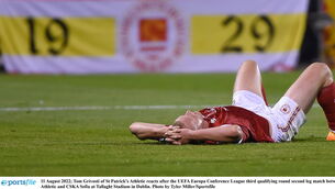 <p>DOWN AND OUT: Tom Grivosti of St Patrick's Athletic reacts after the game. </p>