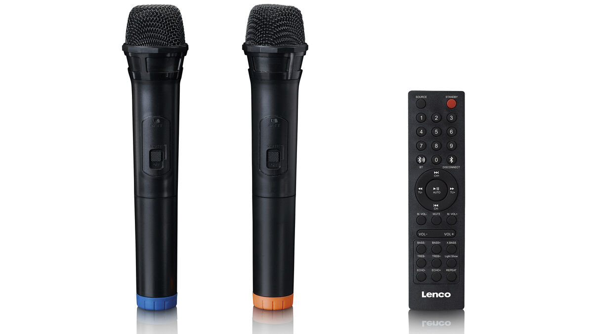 Lenco PA-260BK party speaker comes with two mics and remote control. Picture: Lenco.