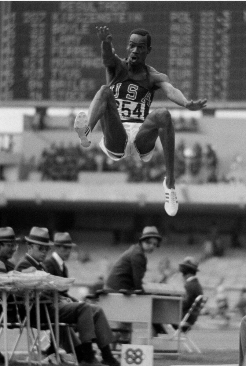 LEAP: Bob Beamon of the United States leaps 29 feet, 2.5 inches, 8.90m to win gold and set an Olympic record during the Men's Long Jump event at the XIX Summer Olympics on 18th October 1968 at the National Stadium in Mexico City, Mexico. Pic: Tony Duffy/Allsport/Getty Images