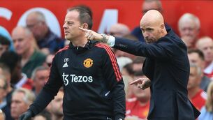 <p>POINTING THE WAY: Manchester United manager Erik ten Hag reacts during the English Premier League game between Manchester United and Brighton. Pic: Lindsey Parnaby/AFP via Getty Images</p>