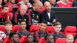 <p>Manchester United manager Erik ten Hag (top right) and Cristiano Ronaldo (centre) before the Premier League match at Old Trafford, Manchester. Picture  August 7, 2022.</p>
