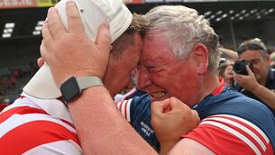 <p>Ferns St Aidan's manager Pat Bennett and Ian Byrne of Ferns St Aidan's celebrate after the Wexford County Senior Hurling Championship Final match between St Martin's and Ferns St Aidan's at Chadwicks Wexford Park in Wexford. Photo by Ramsey Cardy/Sportsfile</p>