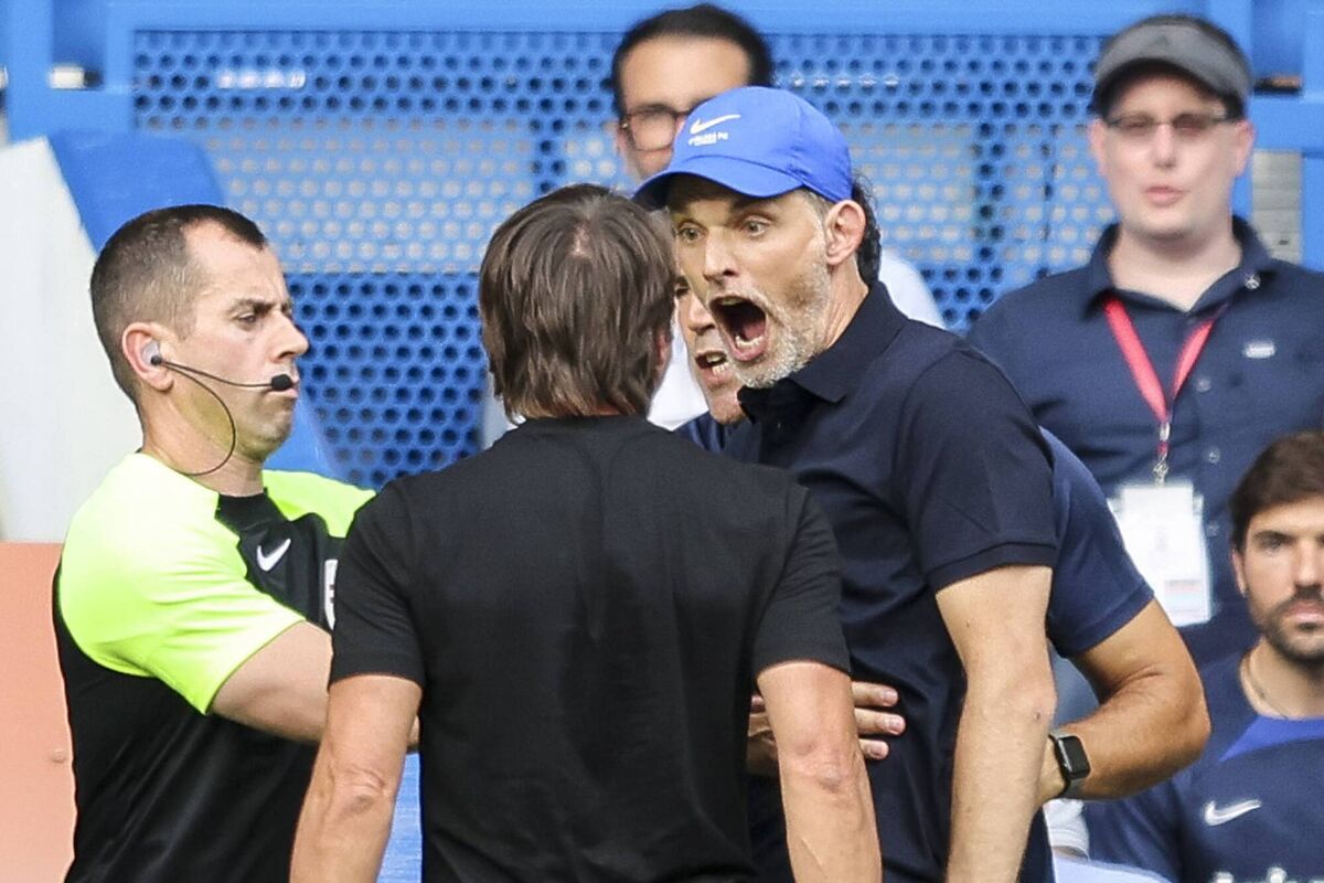 ARGY BARGY: Head Coachs' Antonio Conte of Tottenham Hotspur and Thomas Tuchel of Chelsea square up to each other. (Photo by Robin Jones/Getty Images)