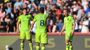 <p>POINTING THE FINGER: Manchester United’s Bruno Fernandez and new signing Christian Eriksen share an exchange during the 4-0 Premier League loss to Brentford. Pic: Shaun Botterill/Getty</p>