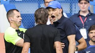 <p>HOTTING UP: Antonio Conte of Tottenham Hotspur and Thomas Tuchel of Chelsea square up to each other after Pierre-Emile Hojbjerg of Tottenham Hotspur scores a goal to make it 1-1. Pic: Robin Jones/Getty Images)</p>