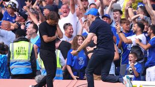 <p>MIXED EMOTIONS: Chelsea coach Thomas Tuchel celebrates the 2nd goal as Tottenham Hotspur coach Antonio Conte looks on during the Premier League match between Chelsea and Tottenham Hotspur at Stamford Bridge. Pic: Marc Atkins/Getty Images.</p>