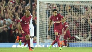 <p>STUNNER: Liverpool's Luis Diaz, right, celebrates after scoring his side's opening goal during the English Premier League match between Liverpool and Crystal Palace. Pic: AP Photo/Jon Super</p>