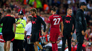 <p>RED MIST: Liverpool’s Darwin Nunez (centre right) leaves the pitch after receiving a red card against Palace. Pic: Peter Byrne/PA</p>