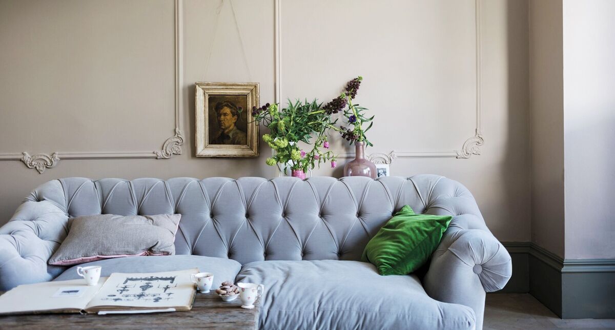Elephant's Breath by Farrow &amp; Ball is applied here over panelled walls. 