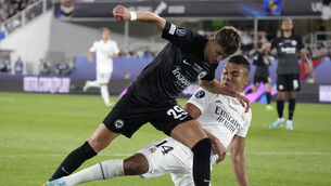 <p>WELL IN: Frankfurt's Jesper Lindstrom duels for the ball with Real Madrid's Casemiro during the UEFA Super Cup final  last week.</p>