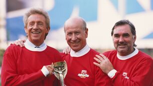 <p>Manchester United legends Denis Law, Bobby Charlton, and George Best pictured at the launch of the Sky Sports Gold channel in 1995</p>