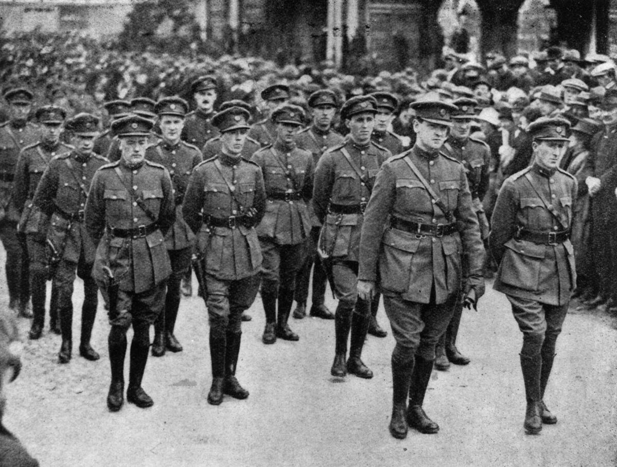 Michael Collins and General Mulcahy leading the GHQ Staff at the funeral of the Irish Free Stater, founder of Sinn Fein and President Arthur Griffith. Picture: Central Press/Getty Images Michael Collins and General Mulcahy leading the GHQ Staff at the funeral of the Irish Free Stater, founder of Sinn Fein and President Arthur Griffith. Picture: Central Press/Getty Images