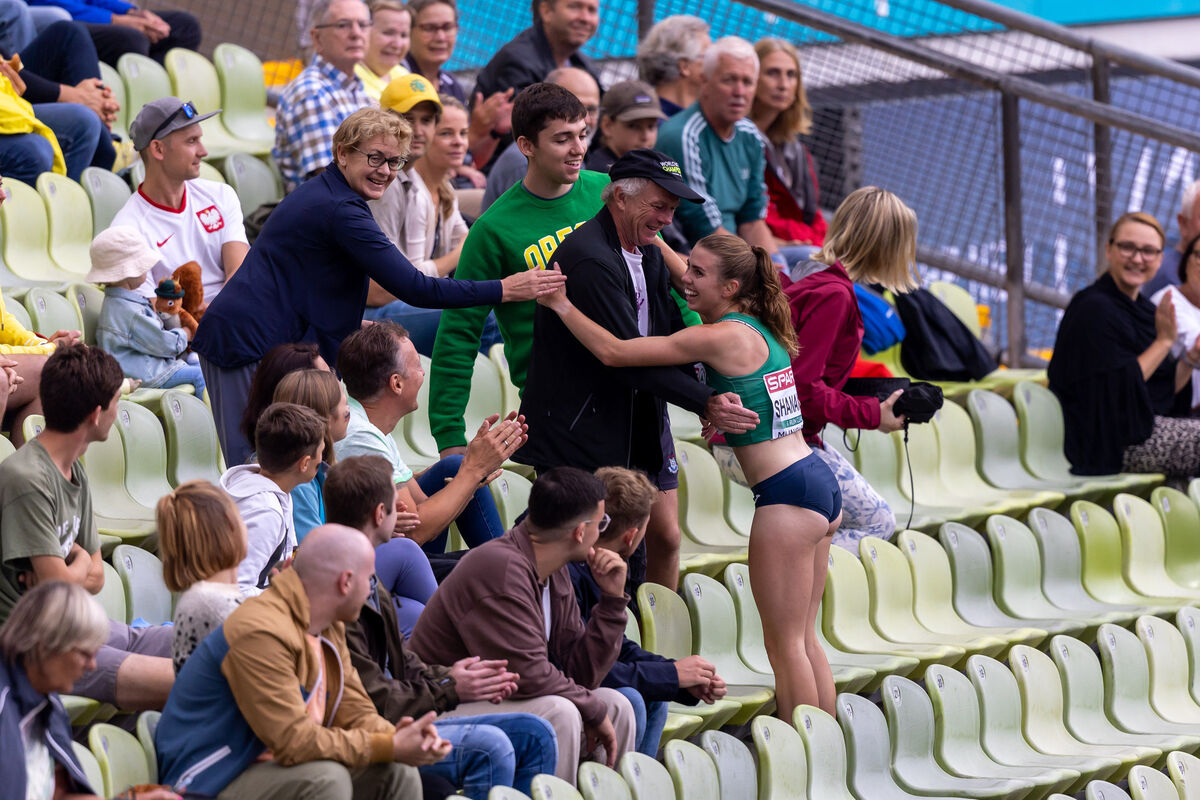 JUBILATION: Ireland’s Louise Shanahan leaves the track and runs into the stands to hug her father, Ray Shanahan upon hearing she qualified for the 800m Final. ©INPHO/Morgan Treacy