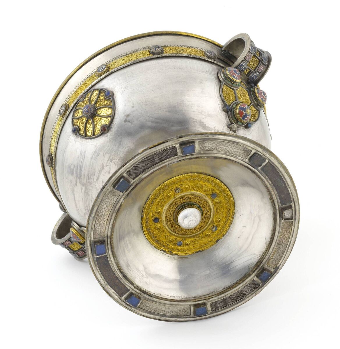 The Ardagh Chalice, showing Underfoot, Front Roundal, Handle 2 and Escutcheon 2. Picture courtesy of National Museum of Ireland
