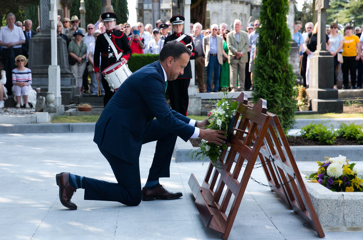 Tanaiste Leo Varadkar TD laying a wreath at the graves of General Michael Collins, President Arthur Griffith and Treaty signatory Eamonn Duggan. Picture: Gareth Chaney/Collins Photos