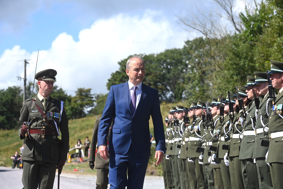  Taoiseach Micheal Martin, leader of Fianna Fail inspects a guard of honour at the commemoration of the centenary of the death of Michael Collins at Beal na Blath on Sunday 21st August 2022. Pic Larry Cummins