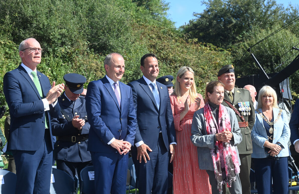  Minister Simon Coveney, Taoiseach Micheal Martin, leader of Fianna Fail, Tanaiste Leo Varadkar, leader of Fine Gael and Minsiter Helen McEntee and Audrey Dalton, daughter of Emmet Dalton at the commemoration of the centenary of the death of Michael Collins at Beal na Blath on Sunday 21st August 2022. Pic Larry Cummins