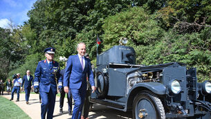 <p class="contextmenu internal_Caption">Taoiseach Micheál Martin, leader of Fianna Fáil passes the armoured car, Sliabh na mBan, arriving at the commemoration of the centenary of the death of Michael Collins at Béal na Bláth. Picture: Larry Cummins</p>
