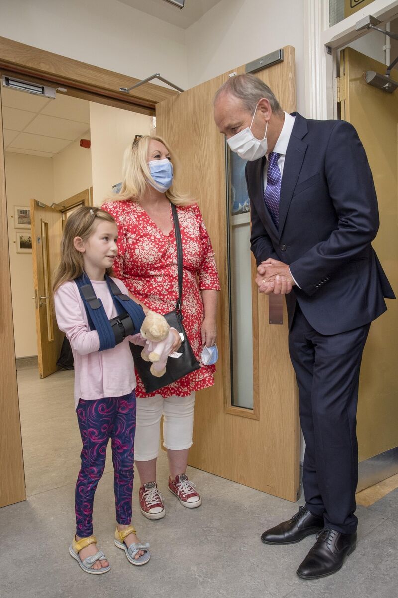 Adele Kershaw and patient Chelsey (7) from Bantry meet the Taoiseach Micheál Martin at the official opening of a newly constructed Injury Unit in Bantry General Hospital today. Picture: Daragh Mc Sweeney/Provision