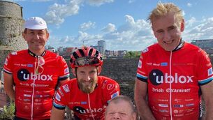 <p>ROYAL VISIT: Emmet Ryan, Gary O'Donovan, Sean Kelly with 'the man himself' Séamus Mooney at King John's Castle Limerick.</p>
