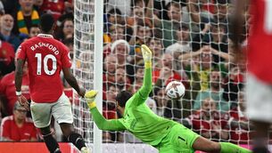 <p class="contextmenu internal_Caption">NET GAINS: Marcus Rashford smashes Manchester United’s second goal past Liverpool goalkeeper Alisson Becker in Monday night’s Premier League clash at Old Trafford. 	<span class="contextmenu emphasis CaptionCredit">Picture: Paul Ellis/AFP via Getty Images</span>
            </p>
